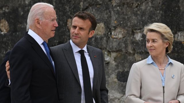 Left to right, Joe Biden, President of the USA with Emmanuel Macron, President of France, and Ursula von der Leyen, President of the European Commission.