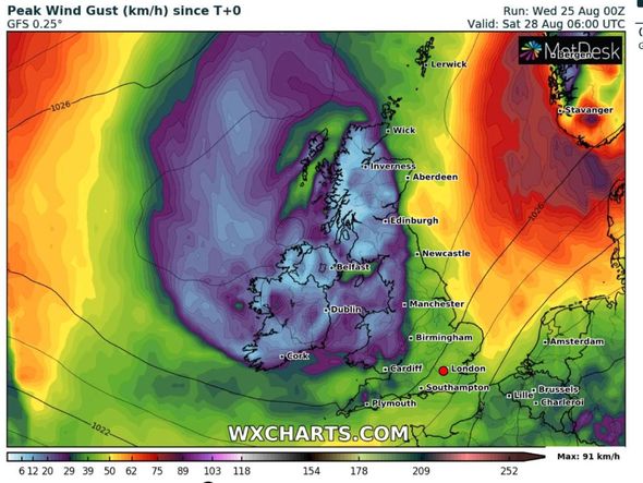 Latest UK Storm - Wind gust maps show shades of green and yellow air heading towards the UK