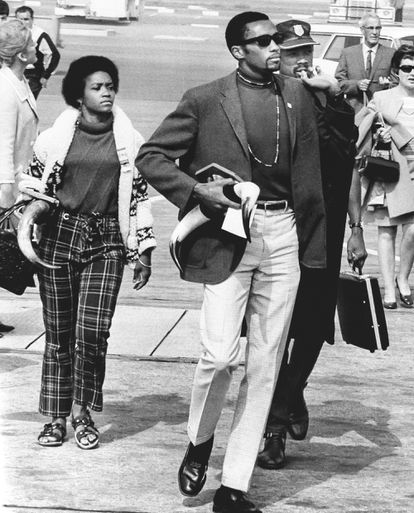 Tommy Smith and John Carlos, upon their arrival in Los Angeles in 1968, after being expelled from the US Olympic team that competed in the Games in Mexico. 