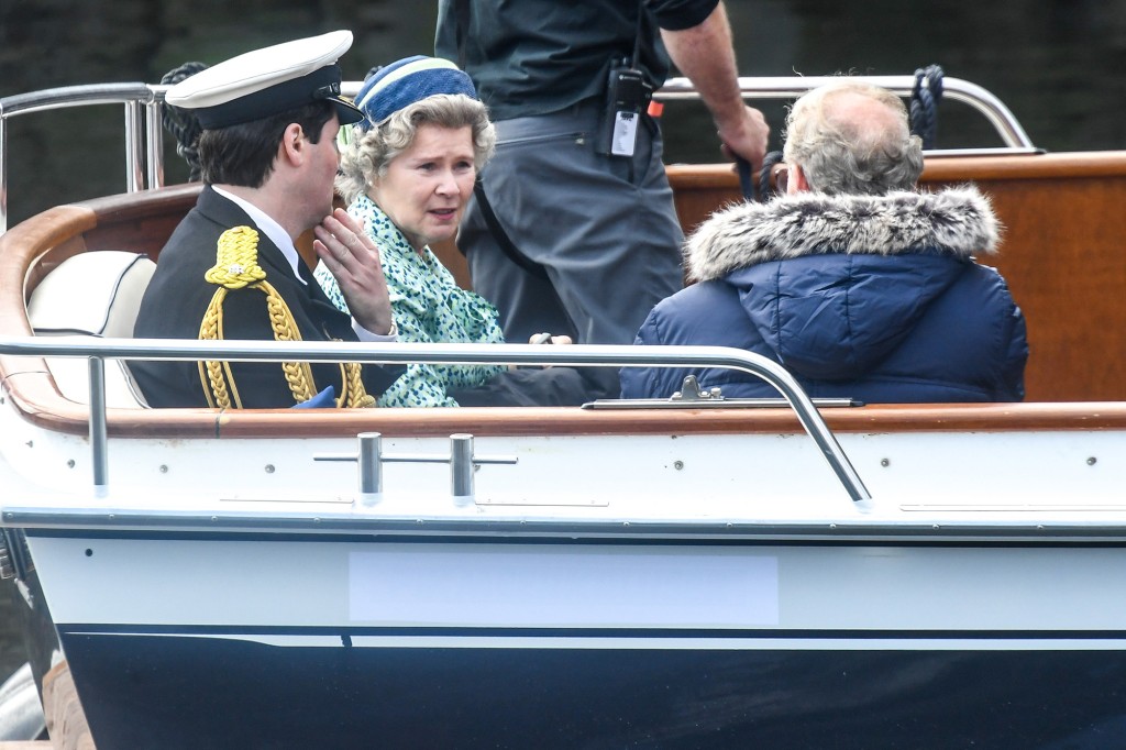 MACDUFF, Scotland - August 2: Imelda Staunton and other members of the cast are seen on a boat made to look like a real yacht tender in the harbor during the filming of the Netflix series "the crown" On August 2, 2021 in Macduff, Scotland.  The actors, including Imelda Staunton, are seen in a Scottish fishing village re-enacting scenes from Her Royal Highness Queen Elizabeth's 1961 visit to the city. (Photo by Peter Summers/Getty Images)