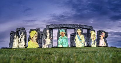A display of portraits of Elizabeth II, every decade of her reign, on the stones of Stonehenge.