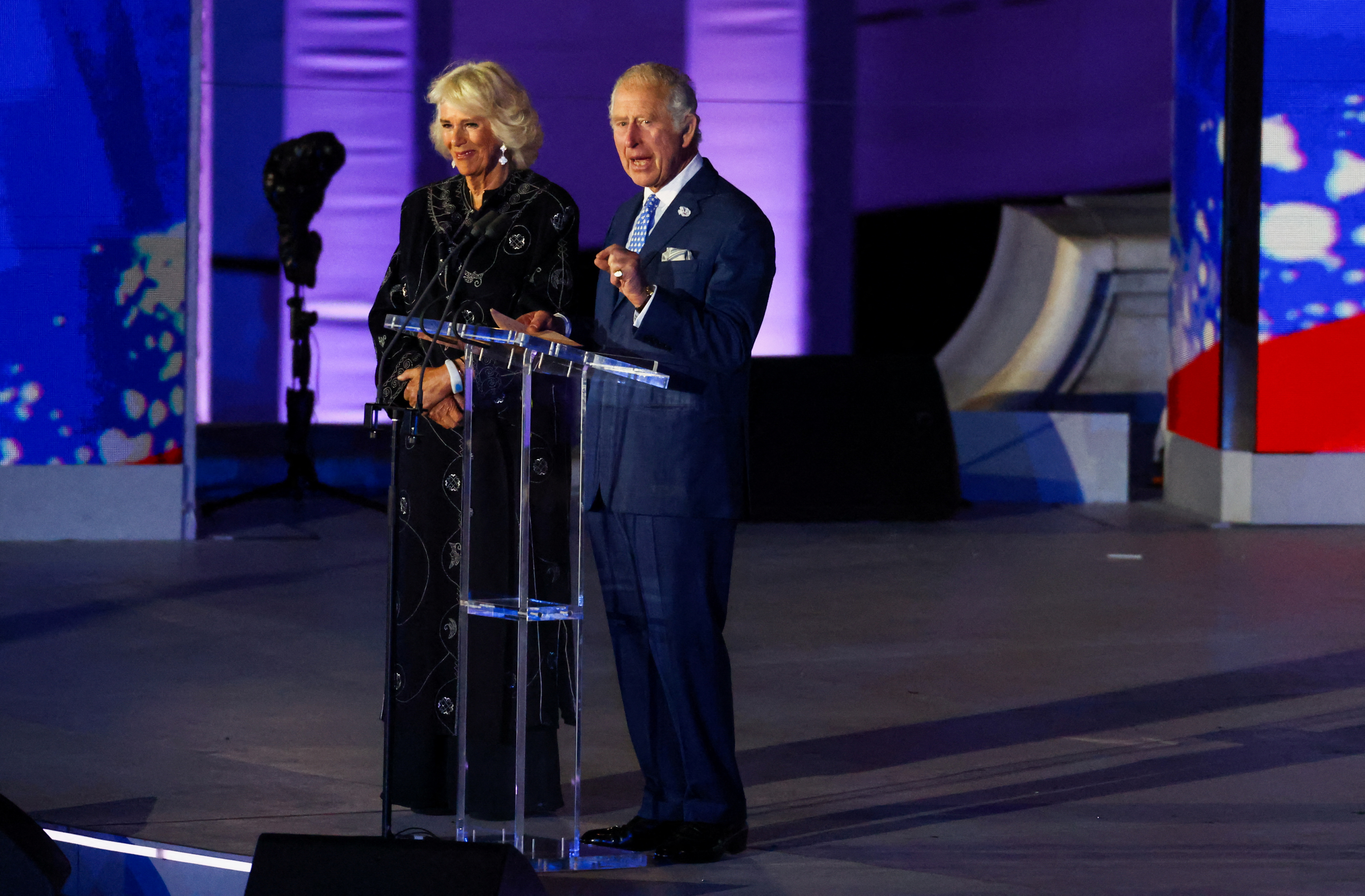 Prince Charles, accompanied by Camilla, Duchess of Cornwall, speaks from the BBC's Platinum Theater as part of the Queen's Platinum Jubilee celebrations on June 4, 2022 (Reuters/Hannah McKay)