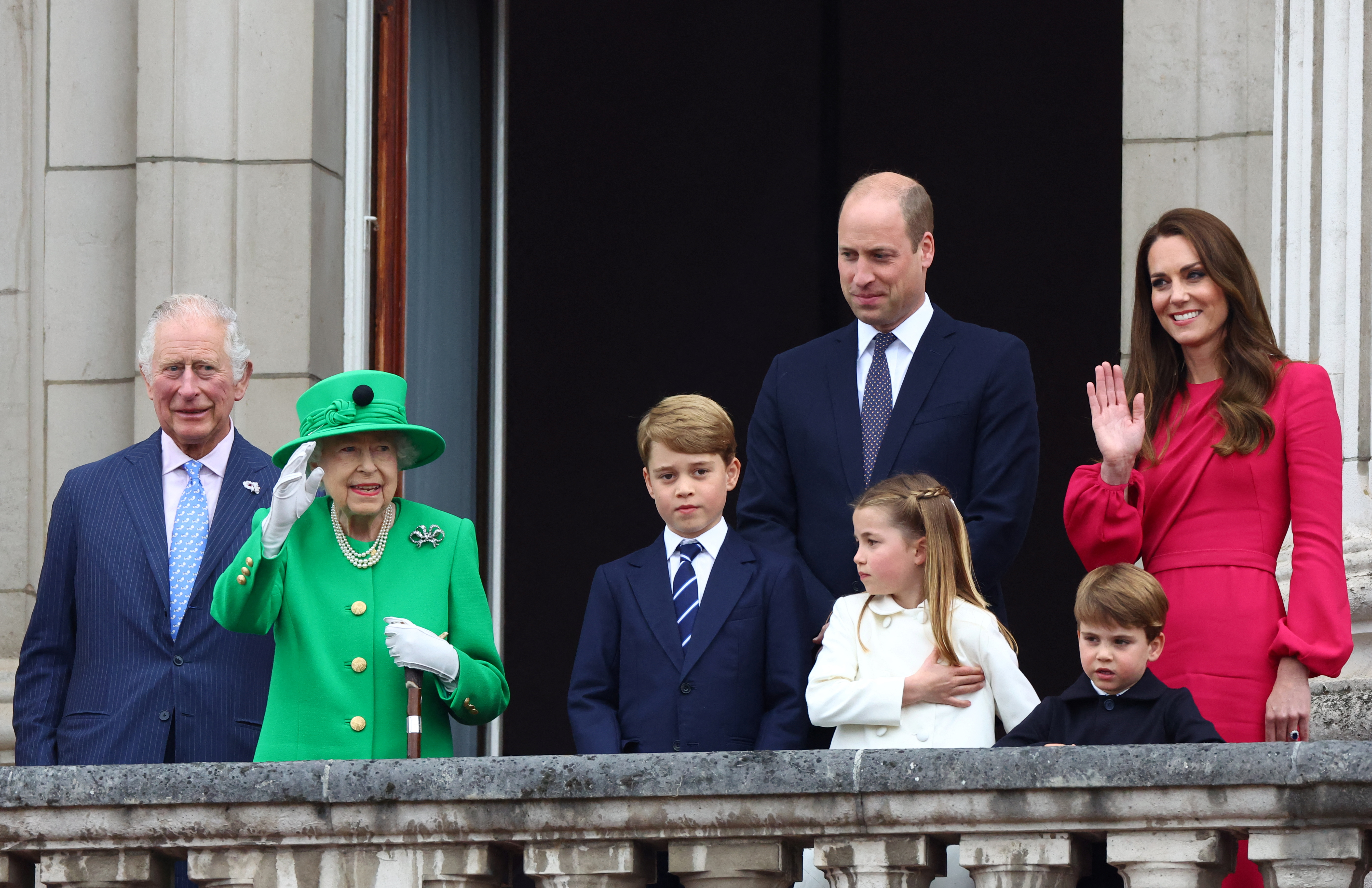 Queen Elizabeth, Prince William, Kate, Duchess of Cambridge, Prince George, Princess Charlotte, Prince Louis, Prince Charles and Camilla, Duchess of Cornwall stand on a balcony during the Platinum Jubilee Parade, marking the end of Britain's Platinum Jubilee celebrations for Queen Elizabeth.  Photograph: Hannah McKay/Reuters