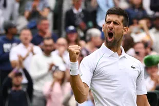 TOPSHOT - Serbia's Novak Djokovic celebrates defeating Italy's Yannick Sener during the men's singles quarter-finals tennis match on day 9 of Wimbledon 2022 at All England Tennis Club in Wimbledon, southwest London, on July 5, 2022 (Photo by SEBASTIEN BOZON / AFP) / Restricted for editorial use