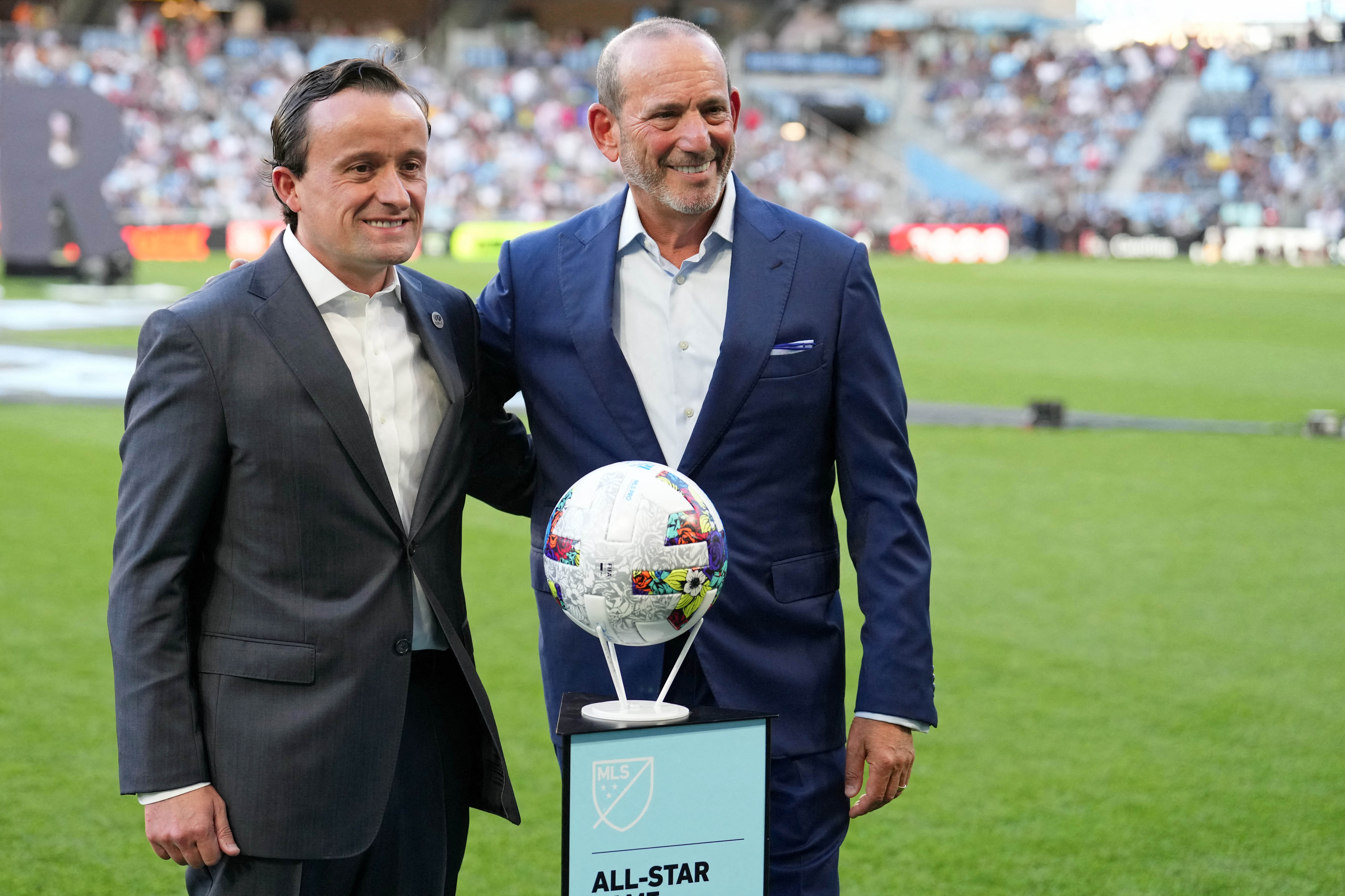 August 10, 2022;  St. Paul, Minnesota, USA;  Liga MX President Mikel Areola (left) and MLS Commissioner Don Garber (right) pose for a photo before the 2022 MLS All-Star Game at Allianz Stadium.  Mandatory credit: Brace Hemmelgarn-USA TODAY Sports