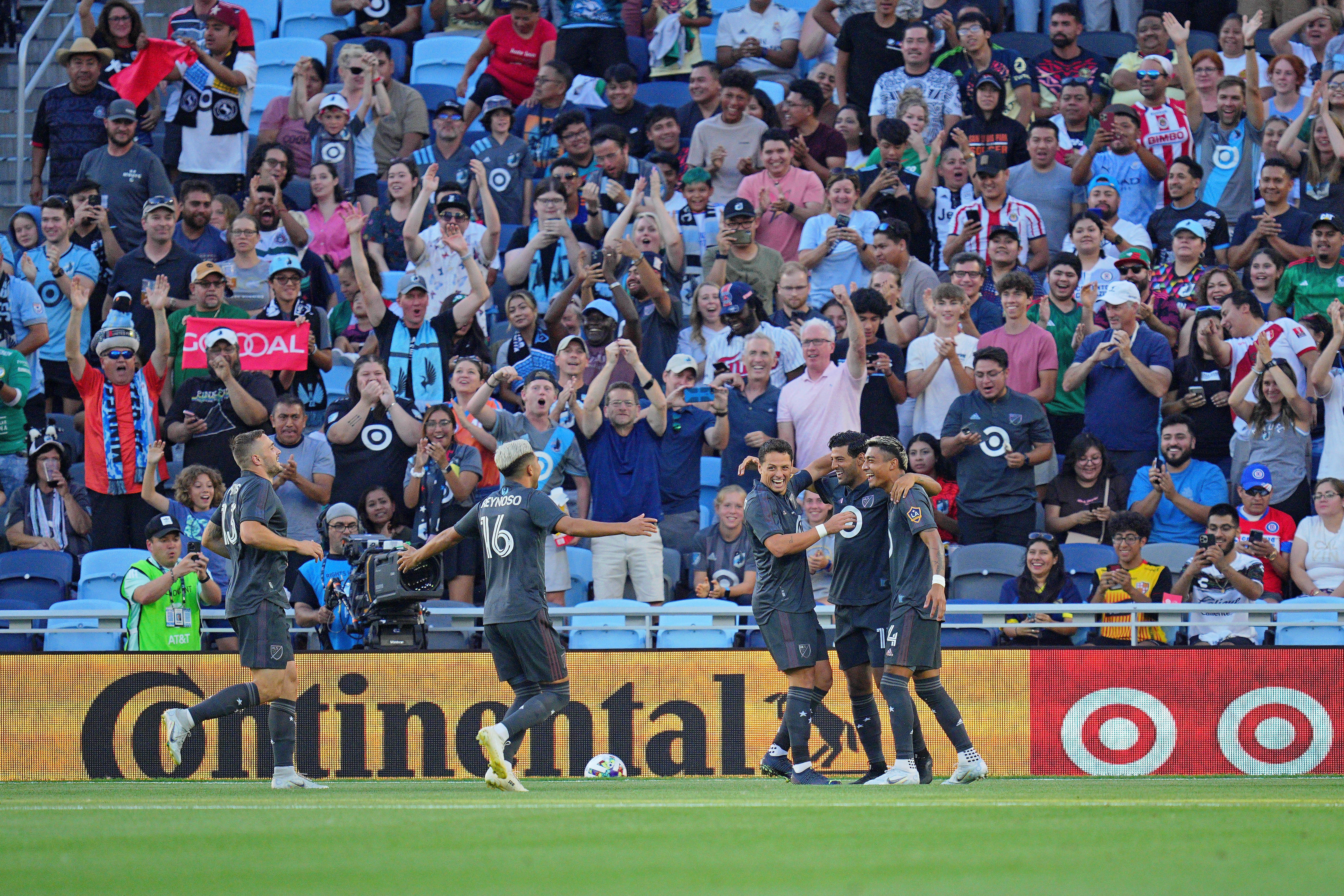 August 10, 2022;  St. Paul, Minnesota, USA;  MLS players celebrate after striker Carlos Vela (11) of LAFC scored a goal against Liga MX during the first half of the 2022 MLS All-Star Game at Allianz Stadium.  Mandatory credit: Brad Rempel-USA TODAY Sports