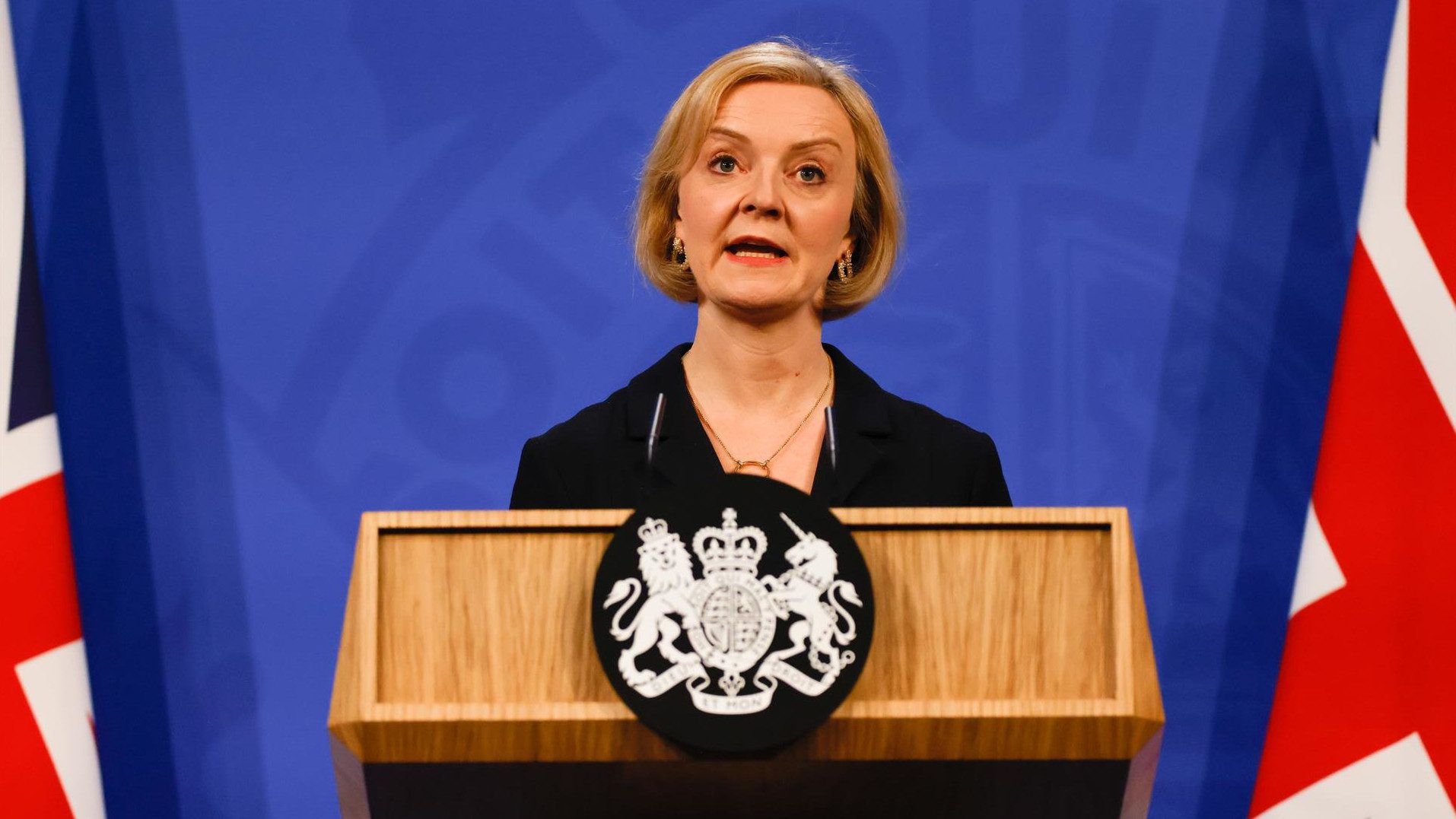 British Prime Minister Liz Truss during a press conference in Downing Street, London.