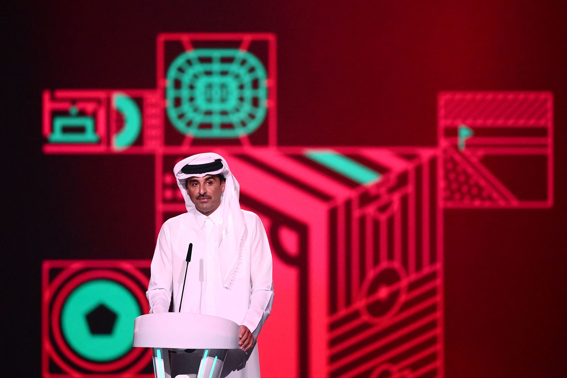 The Emir of Qatar, Sheikh Tamim bin Hamad Al Thani, during the draw for the 2022 World Cup in Qatar, at the Doha Convention and Exhibition Centre, April 1, 2022.