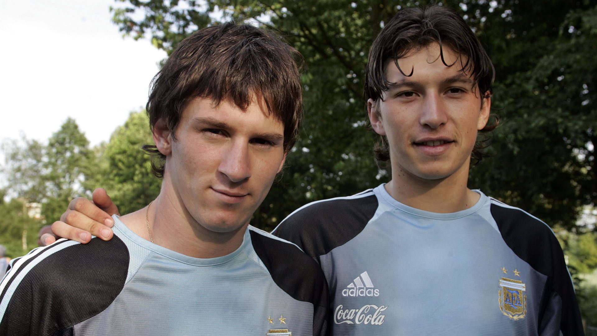 Argentina's Lionel Messi and Gustavo Ubermann (right) stand after a training session with their team at the FC de Bilt stadium in Utrecht on June 26, 2005. Argentina face Brazil on June 28 in the semi-finals of the World Youth Championship.  Photograph: Enrique Markarian/Reuters