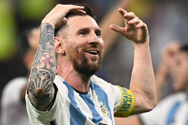 Argentina striker No. 10 Lionel Messi celebrates after qualifying to the next round after beating Australia 2-1 in the Qatar 2022 Round of 16 soccer match between Argentina and Australia at Ahmed Bin Ali Stadium in Al Rayyan, west of Doha in December.  3, 2022 (Photo by Manan Vatsiyana/AFP)