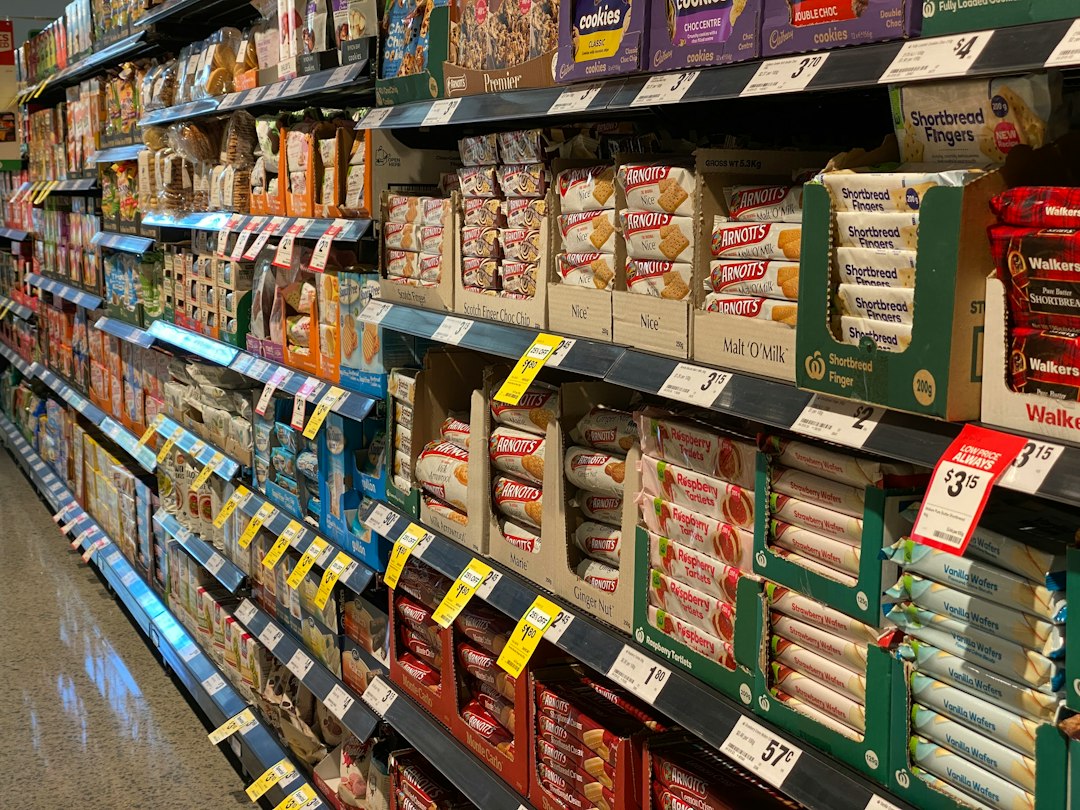 Interior of a UK supermarket grocery aisle